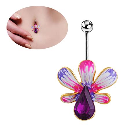Purple Crystal Flower Navel Piercing Ombligo Plumas 14g Sexy Belly Button Rings Women Body