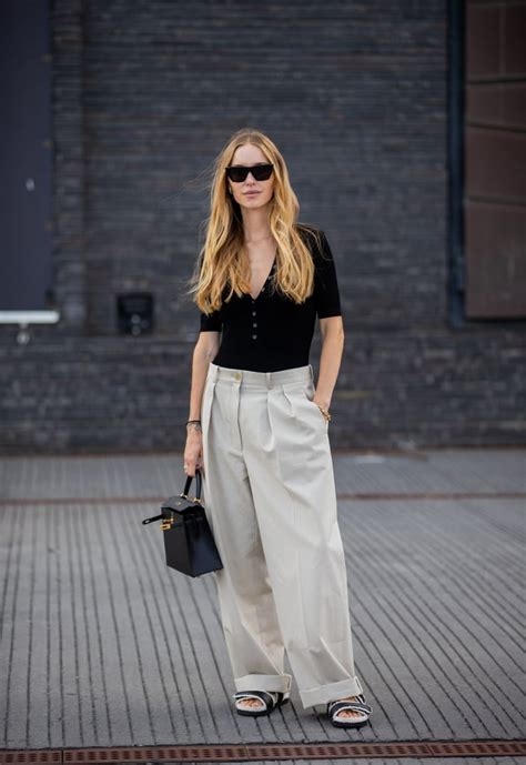 Wide Leg Pants Outfit With An Understated Knit And Slides How To Wear Wide Leg Pants