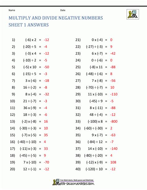 Adding Subtracting Multiplying Dividing Positive And Negative Numbers Worksheet