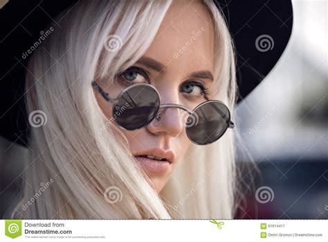 Stylish Blonde Girl In Sunglasses Outside Stock Image Image Of