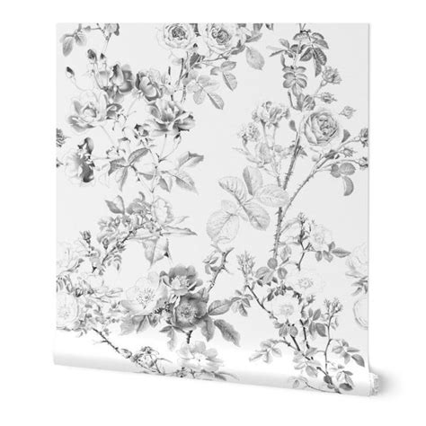 Floral Toile Wallpaper English Rose Black White By Etsy In 2021