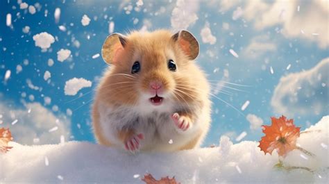 Premium Ai Image Cute Little Fluffy Hamster On Snow Outdoors