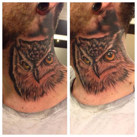 Owl Neck Tattoo Realistic Black And Grey Colour Wildlife Nature