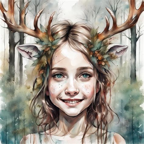 Cute Happy Smiling Girl Hybrid With Deer Antlers And Deer Ears In A Forest By Carne Griffiths
