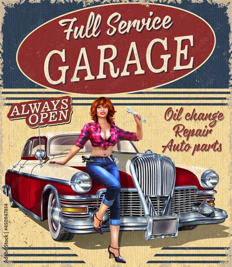 vintage garage retro poster with retro car and pin up girl vector de stock adobe stock
