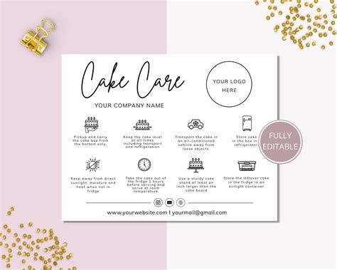 Cake Care Card Template Canva Editable Wedding Cake Care Etsy