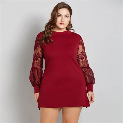 plusee sexy mini dress women plus size 5xl autumn 2018 office ladies party lace sleeve solid