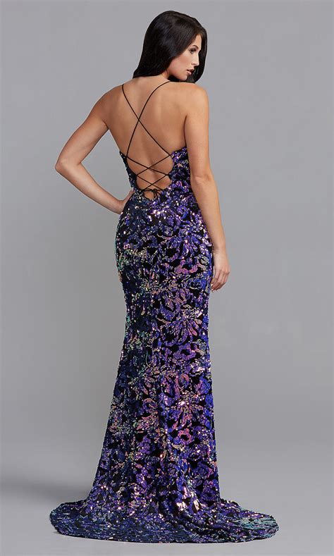 Sparkly Long Sequin Print Velvet Prom Dress Promgirl