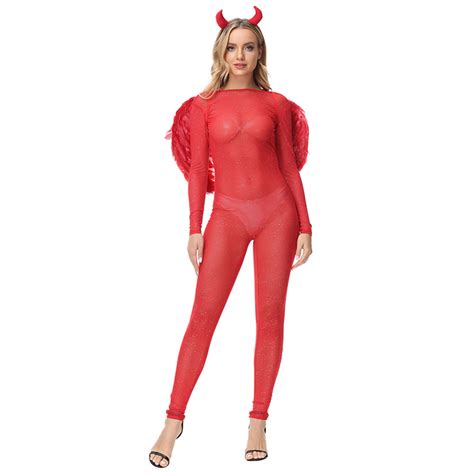 Sexy Red Devil Elastic Jumpsuit With Wings And Horns Halloween Demon