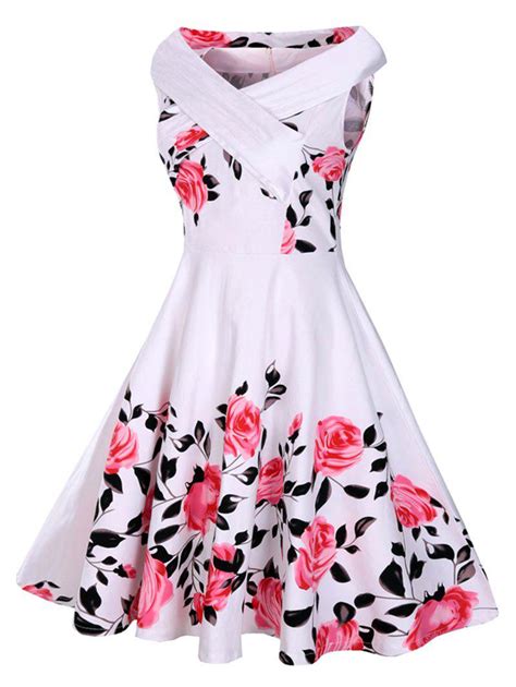 White L Floral Rose Print Sleeveless A Line 50s Dress