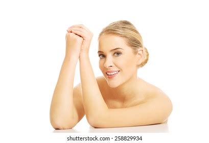 Portrait Nude Woman Clenching Hands Sitting Stock Photo 339980087