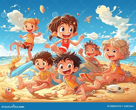 Group Of Kids Having Fun On Beach Illustration Stock Illustration