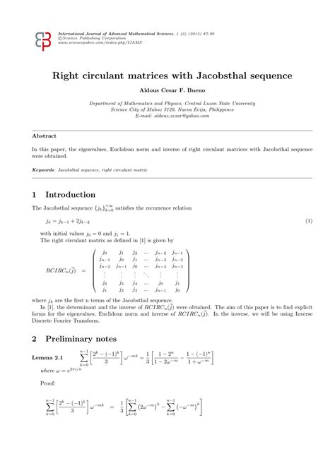 Pdf Right Circulant Matrices With Jacobsthal Sequence