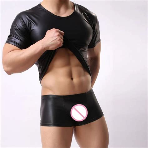 PU Leather T Shirts Men Sexy Fitness Black Tops T Shirt Tees Mens Stage