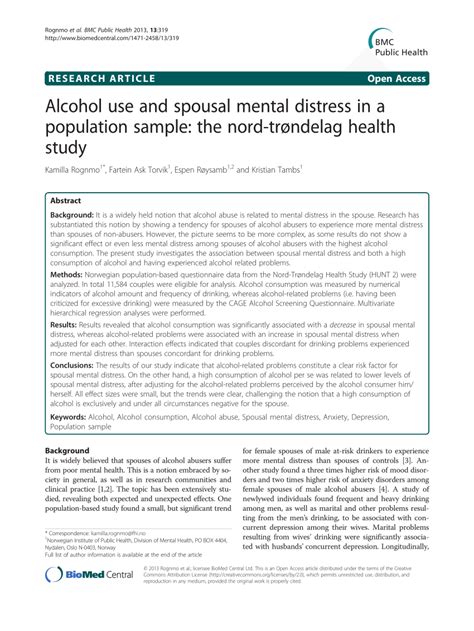 PDF Alcohol Use And Spousal Mental Distress In A Population Sample