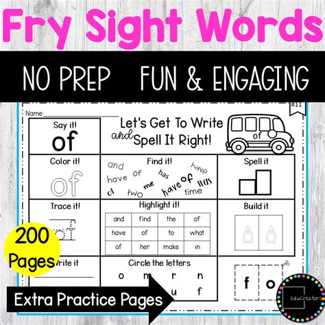 Kindergarten First Grade Frys First 100 Sight Words Book Worksheets