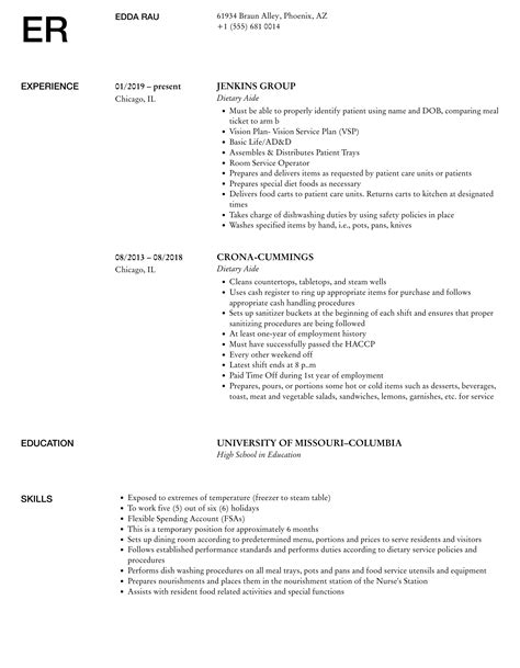Dietary Aide Resume Samples | Velvet Jobs