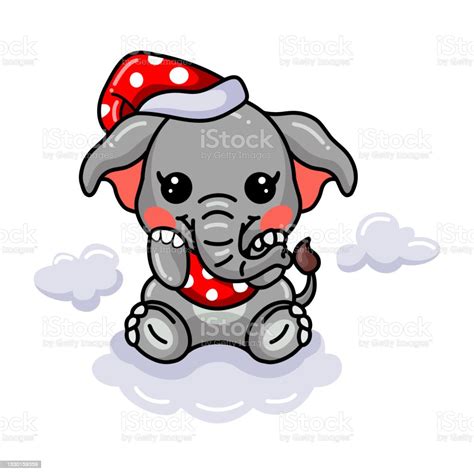 Cute Baby Elephant Cartoon Wearing Red Hat Stok Vektör Sanatı Animasyon karakternin Daha
