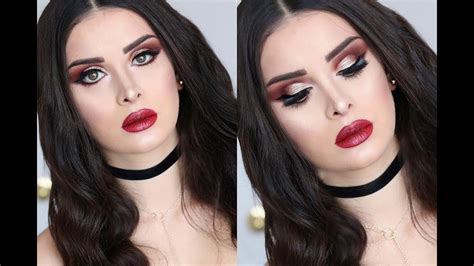 Gold Glitter Smokey Brown Eyes With Red Lips Glam Makeup Youtube