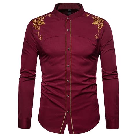 Gold Embroidery Men Chinese Shirt Mandarin Collar Shirt For Men Long