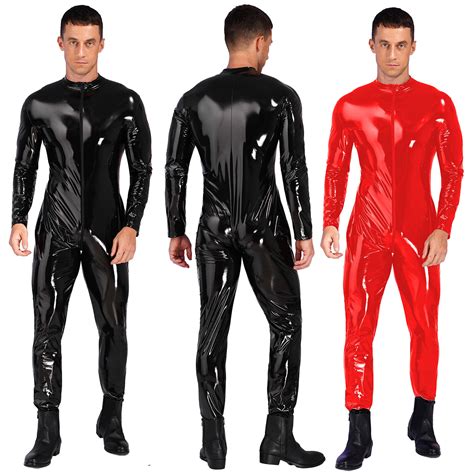 männer bodysuit wetlook langarm lackleder overall reißverschluss schritt catsuit ebay