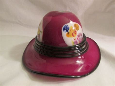 Murano Glass Hat Burgundy Purple With Black Glass Bands And