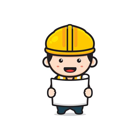 Cute Engineer Architect Holding Paper Sketch Cartoon Icon Illustration