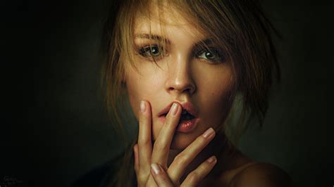 wallpaper women model blonde hands open mouth green eyes anastasia scheglova finger on