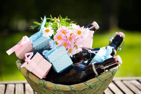 Beer Bottles In A Basket With Small Ts For Father`s Day Stock Image Image Of Fathers