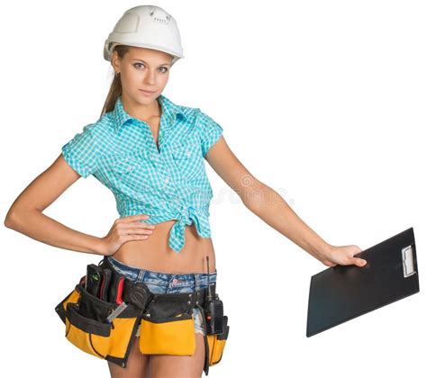 Woman In Hard Hat And Tool Belt Holding Clipboard Stock Photo Image