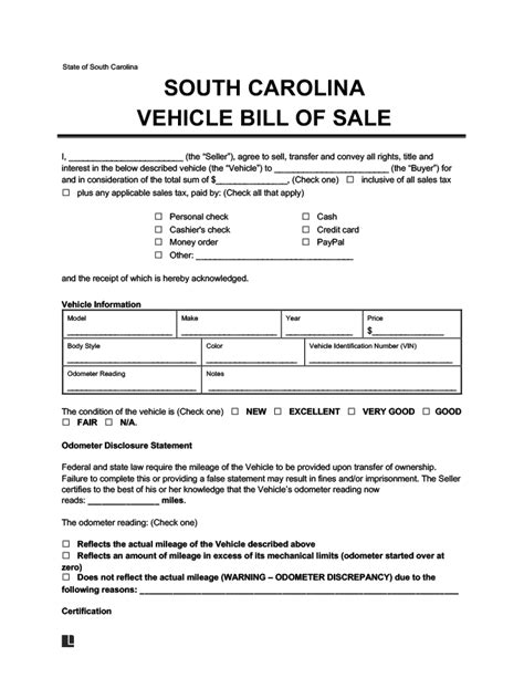 Free South Carolina Bill Of Sale Form Pdf And Word Legaltemplates