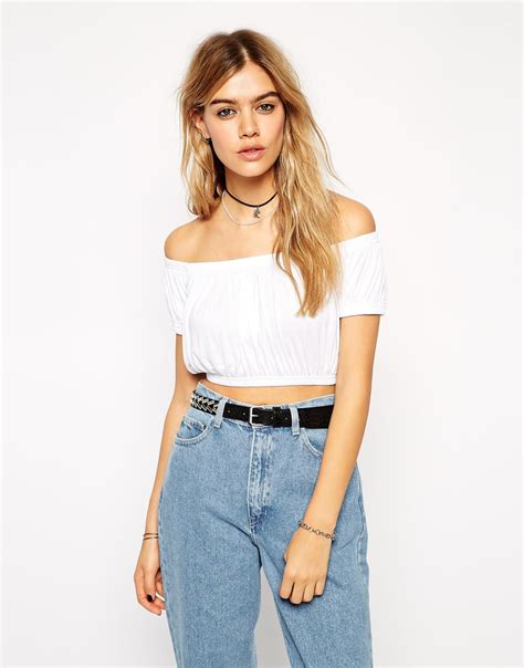 Show some shoulder with a bardot top. Lyst - Asos The Off Shoulder Crop Top in White