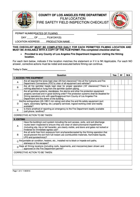 Fire Safety Field Inspection Checklist Los Angeles County Fire