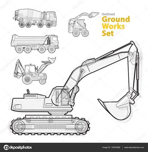 Outline Set Of Construction Machinery Machines Vehicles Excavator