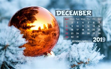 Download Wallpapers December 2019 Calendar 4k Golden Xmas Ball
