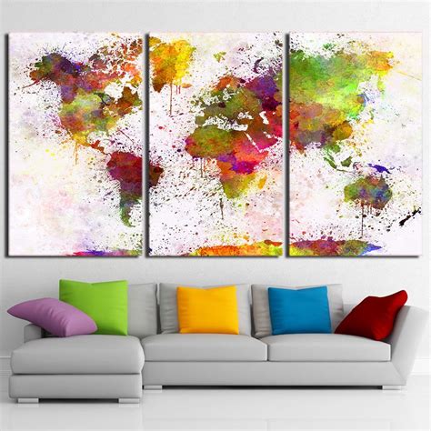 Hd Printed 3 Piece Canvas Art Color World Map Painting Continent Wall