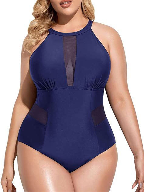 Plus Size Swimsuit For Women Tummy Control One Piece High Neck Bathing Suit Mesh Cut Out