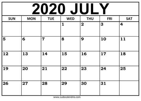July 2020 Calendar Template Zudocalendrio