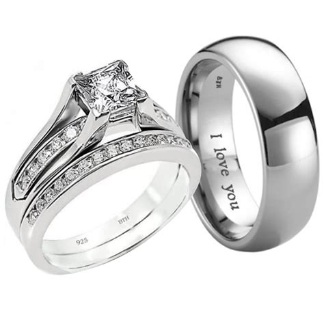 His And Hers Titanium And Silver 3 Piece Couple Ring Set