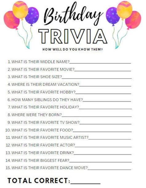 Printable Birthday Party Trivia Game Conversation Starter Etsy