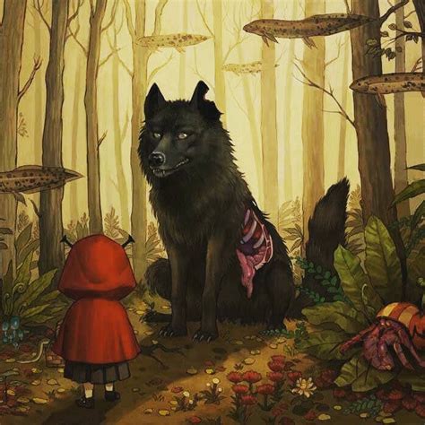 Red Riding Hood Meets The Big Bad Wolf Art Print Mysterious