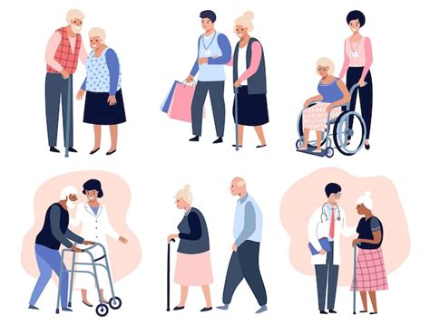 Premium Vector Elderly People Walking Social Worker Helping Senior