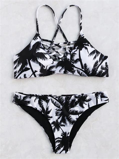 black and white printed criss cross bikini set palm print bikini criss cross bikini set bikinis
