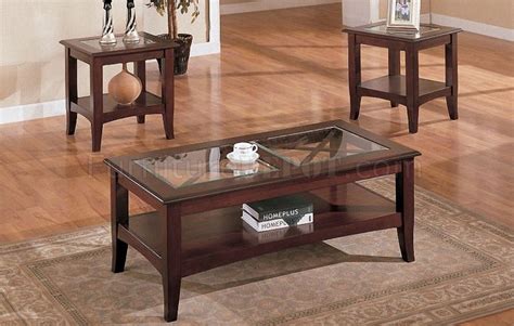 Dark Cherry Stylish 3pc Coffee Table Set Wglass Tops