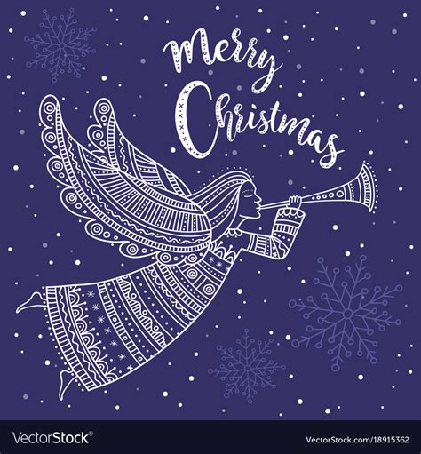 Merry Christmas Angel With Horn And Snow Vector Image