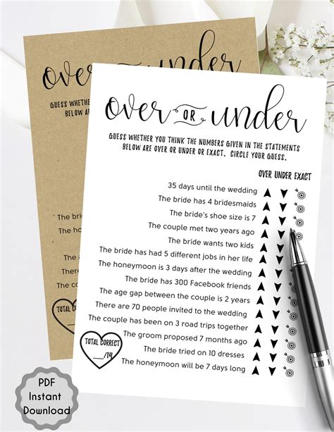 Over Or Under Bridal Shower Game Printable Instant Download Etsy