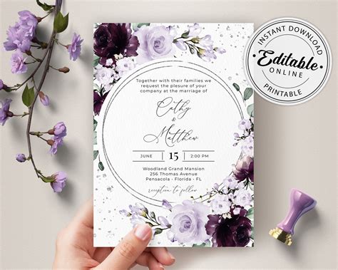 Paper Mauve Wedding Invite Wreath Templett Purple Wedding Invitation