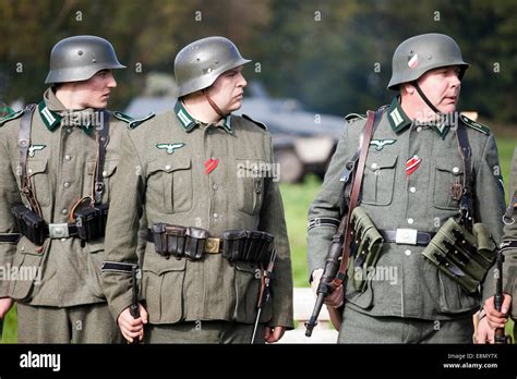Three Uniformed German Soldier Soldiers Ww2 Military Reenactor Reenactment Battle Germany