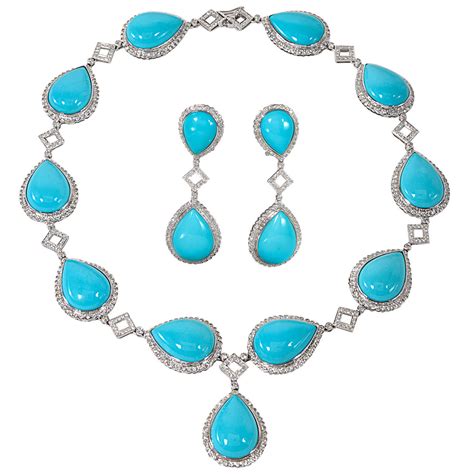 Turquoise And Diamond Necklace And Earring Set For Sale At Stdibs