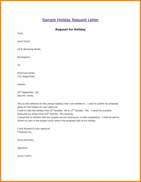 A Sample Holiday Request Letter Is Shown